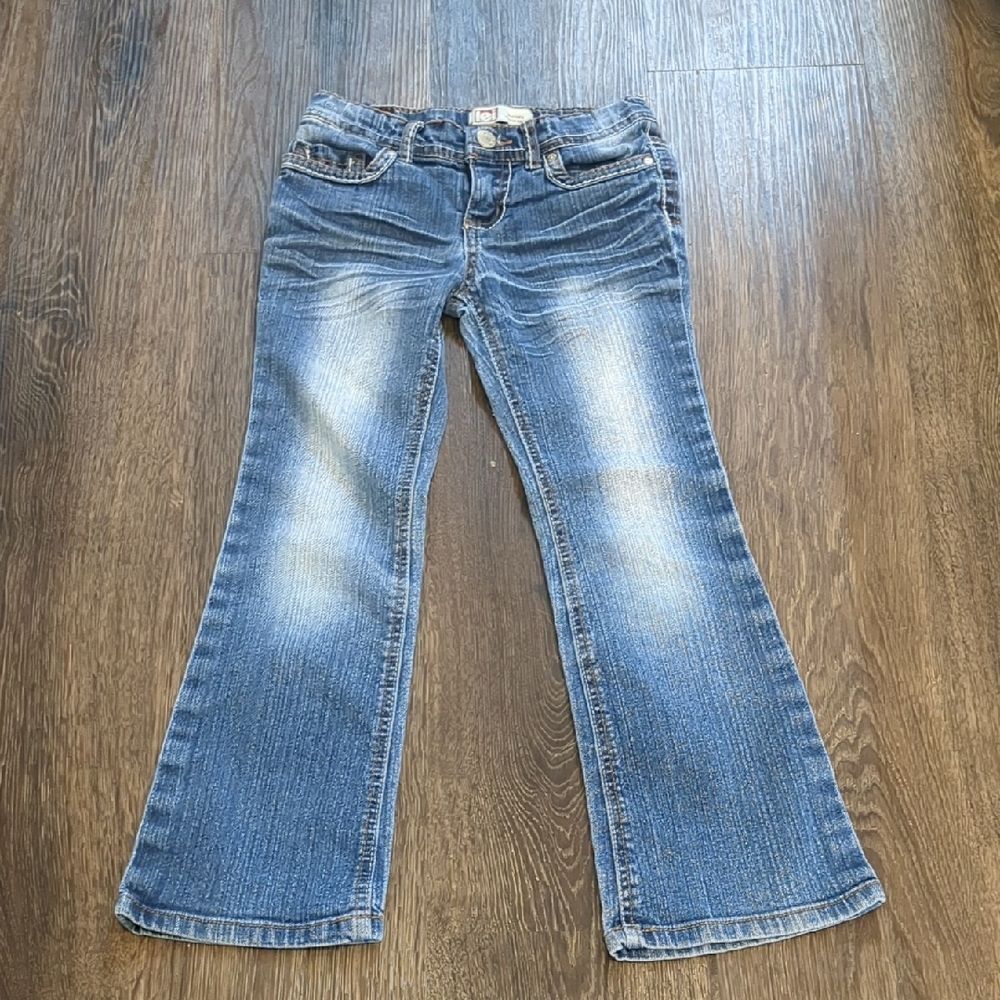Girls Adjustable Waist, LEI Flare Jeans, Embellished Pockets, Blue Denim Size 7